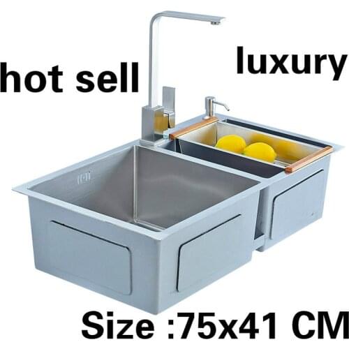 Free shipping Apartment luxury kitchen manual sink double groove do the dishes food grade 304 stainless steel hot sell 75x41 CM