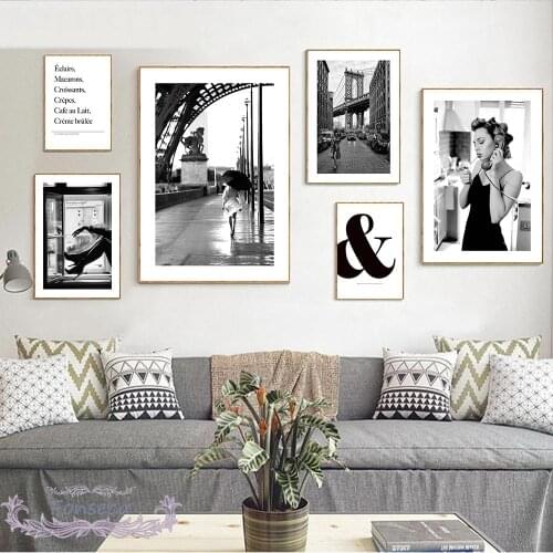 Black White Fashion Paris Landscape Canvas Painting Sexy Woman Poster Wall Art English Letter Picture Modern Home Decoration