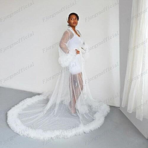 Elegant Fashion Pearls Tulle Robes Open Front Sweep Train Customized Bridal Robe Maternity Dress for Photo shoot or Babyshower