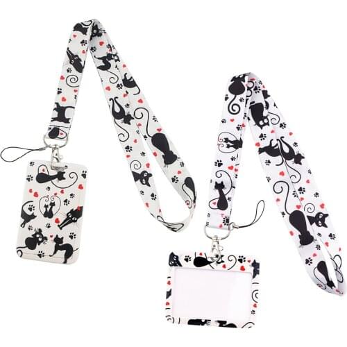 ER750 Fashion Black Cat Lanyard Card ID Holder Car KeyChain ID Card Pass Gym Mobile Phone Badge Kids Key Ring Holder Jewelry