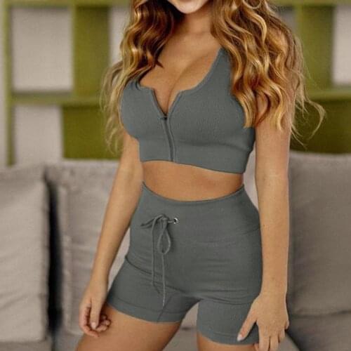 2 Piece Set Women Seamless Yoga Sports Sexy Threaded Zipper Bra Shorts Suit Fitness High Waisted Shorts Workout Clothes