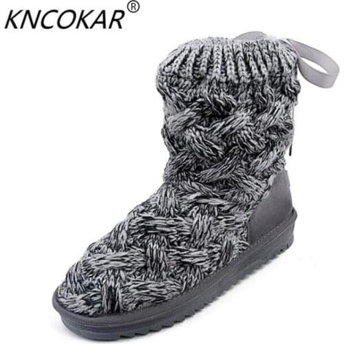 KNCOKAR 2018 fashion Creative women snowshoe rubber knitted wool yarn winter high tube grey cotton shoes