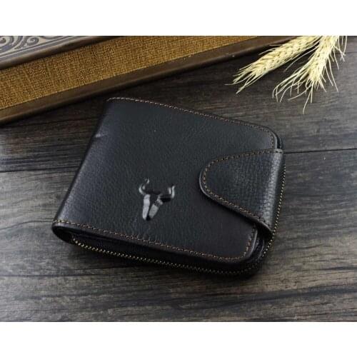 Men Vintage Genuine Leather Sanp Money Card Holder Zipper Bilfod Wallet Purse
