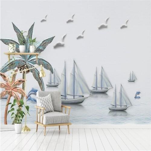 Custom Mural Wallpaper Modern Minimalist Harbour Coconut Tree Sailing Living Room Bedroom Background Wall Painting