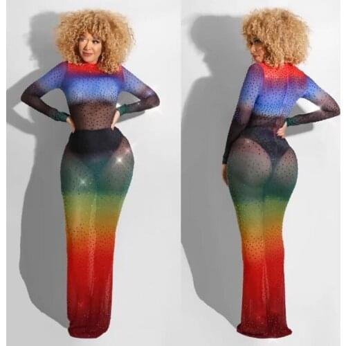 New Colorful See Through Mesh Rhinestones Long Dress Women Birthday Celebrate Evening Party Dress Bar Nightclub Dance Costume