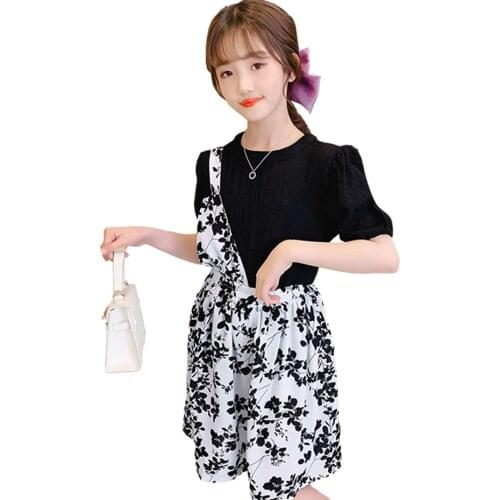 Teen Girls Clothing Floral Jumpsuit + Tshirt Girls Clothing Casual Style Girl Set Summer Childrens Suits 6 8 10 12 14