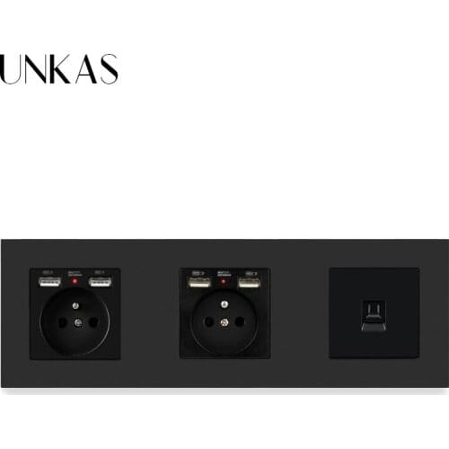 UNKAS PC Plastic Panel Double French Standard Socket with 4 USB Charge Port + RJ45 Internet Computer Electric Socket