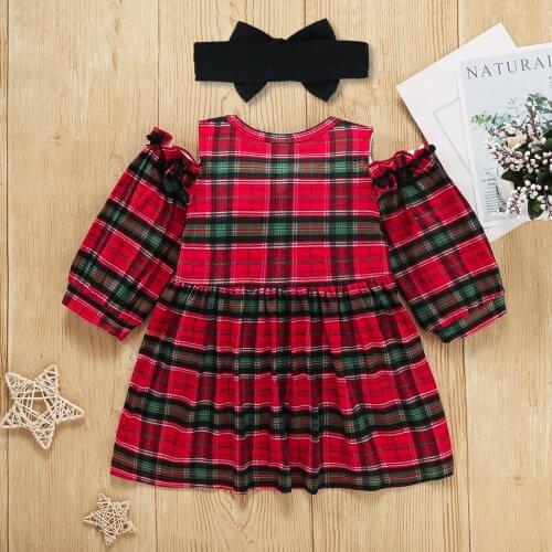 Infant Baby Girl’s Casual Long Sleeve Dress Fashion Plaid Off-shoulder A-line Short Dress and Headband 0-3T 2021 New Fashion