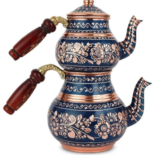 Hand work wood handle inlaid natural copper teapot four piece decorative embellishment Erol art quality organic pattern