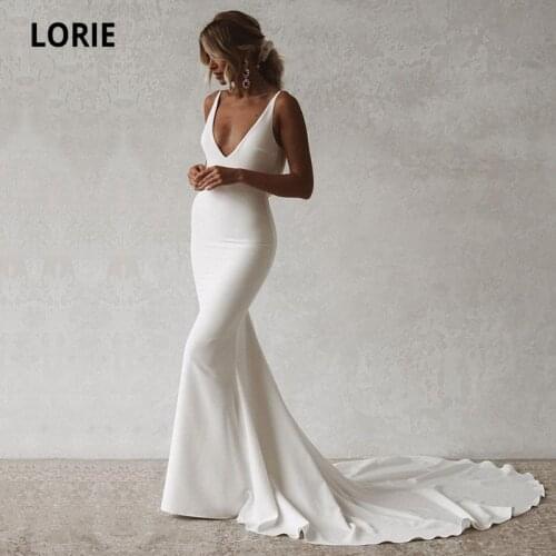 LORIE Sexy Mermaid Wedding Dresses Boho V-Neck Open Back Elastic Wedding Gown Simple Long Train Buttons Bridal Dress 2021
