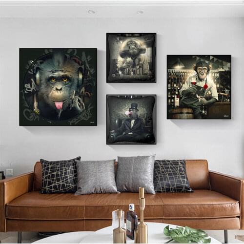 Modern Painting Animal Posters and Prints Wall Griffiti Art Canvas Monkey Drinking Red Wine at the Bar Pictures for Room Decor
