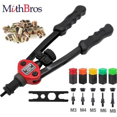 MithBros Rivet Gun Hand Rivet Nut Tool Blind Riveter Rivet Nut Setter Kit for Inserting Threaded Nut Rivet with 5pcs Mandrels