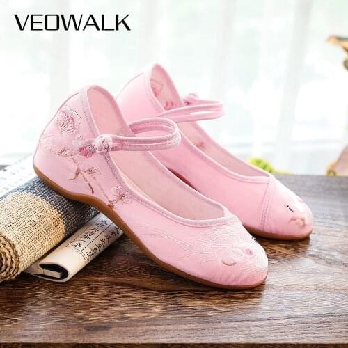Veowalk Soft Non-Slip Bottom Women Cotton Fabric Embroidered Ballet Flats Comfortable Ankle Strap Canvas Flat Shoes for Ladies