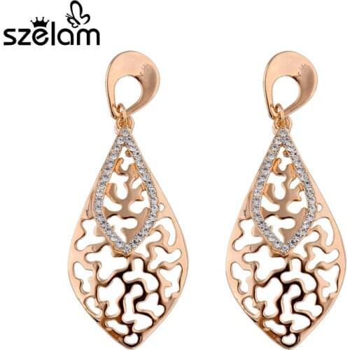 Szelam 2019 Fashion Jewelry Ladies Gold Leaf Drop Earrings For Women Crystal Hollow Out Rhinestone Dangle Earings SER140132