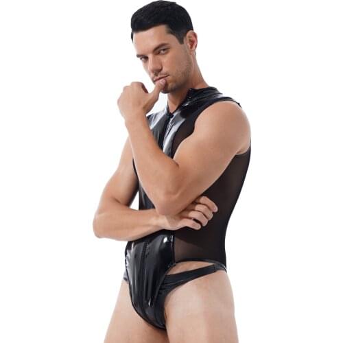 Plus Size Bodysuit Men Shiny Metallic Patent Leather Sheer Mesh Splice Lingerie Sleeveless Double Zipper High Cut Thong Leotard