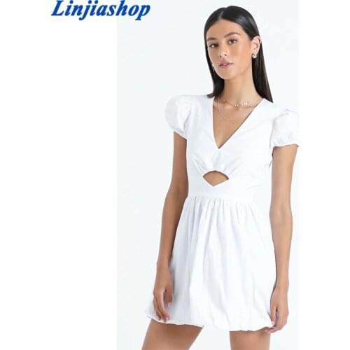 Sexy Rose Red Deep V Neck Summer Vestidos Retro Hollow Out Waist Dresses Slim Cap Sleeve Pleated Dress