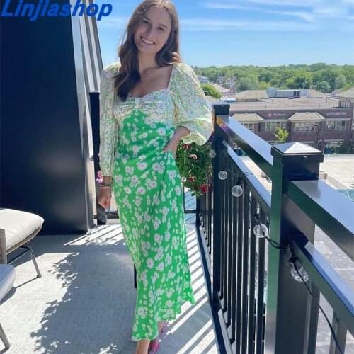 Fashion Women Hit Color Floral Print Boho Dress Female Sexy V Neck Lantern Sleeve Summer Holiday Dress Chiffon Vestido