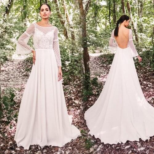 Bohemian Beach Wedding Dresses 2021 Long Flare Sleeve Lace Chiffon Scoop Bridal Gown For Women Sweep Train Backless A-Line