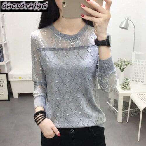 2020 summer NEW collar lace render unlined upper garment to hollow out long sleeve short relaxed joker autumn thin sweater frock