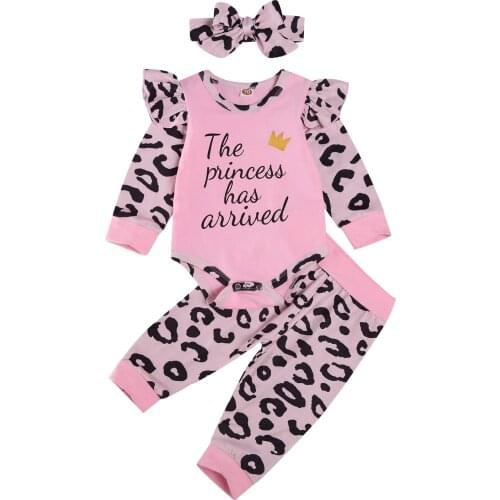 2021 Infant Baby Girls Clothes Set 3pcs The Princess Has Arrived Letter Long Sleeve Round Collar Romper+Leopard Pants Spring Set