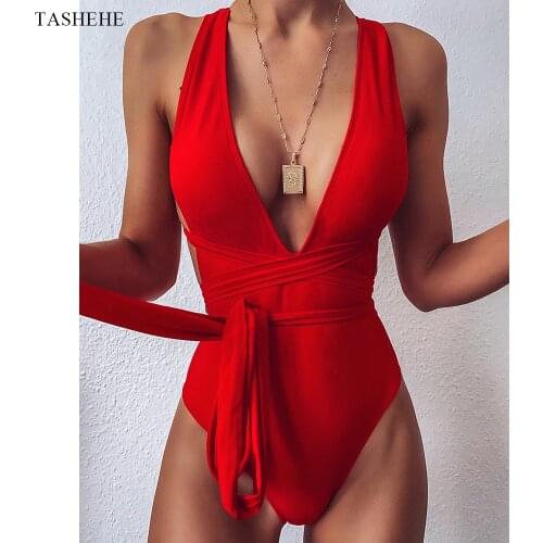 2021 Sexy Bandage Swimwear One Piece Swimsuit Women V-neck Monokini Female Solid Backless Bathing Suit Beach Wear Bodysuit
