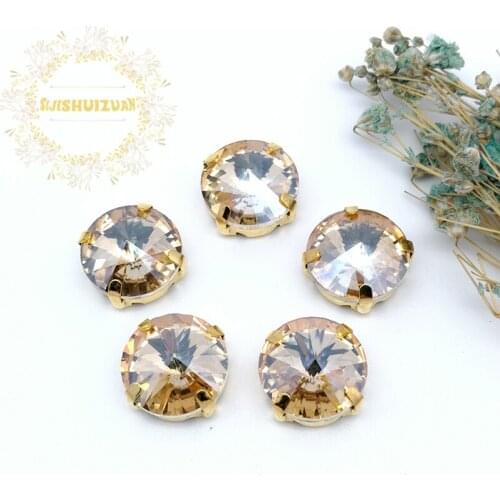 Free shipping Champagne Round Glass Crystal sew on rhinestones with gold claw Diy wedding dress accessories