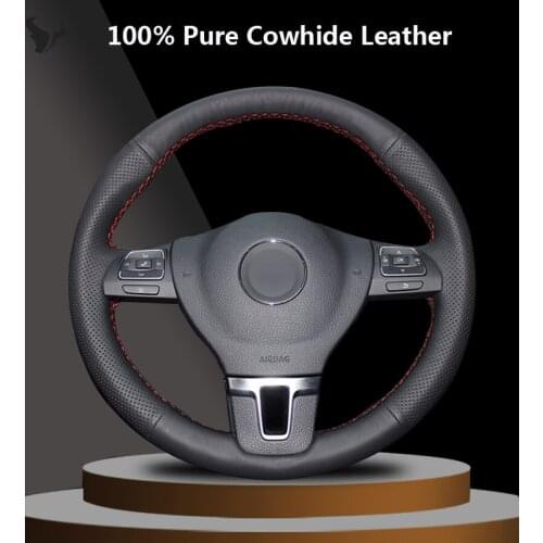 Black Genuine Leather Steering Wheel Cover for Volkswagen VW Golf Tiguan Passat B7 CC Touran Magotan Sagitar