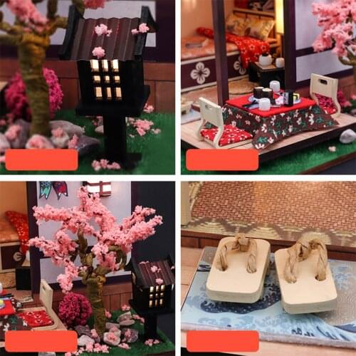 DIY Dollhouse with Realistic Furniture LED Light Battery Case Wooden Japanese Cottage Toys for Kids Adults Birthday