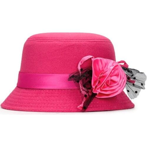 Elegant Ladies Formal Fedora Bowler Hats Trendy Vintage Women Hat Imitation Girls Woolen Flower Spring Autumn Bucket Cap