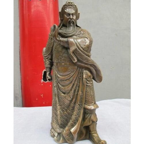 Chinese Copper Bronze handwork carve Dragon Guan Gong mammon warrio Statue