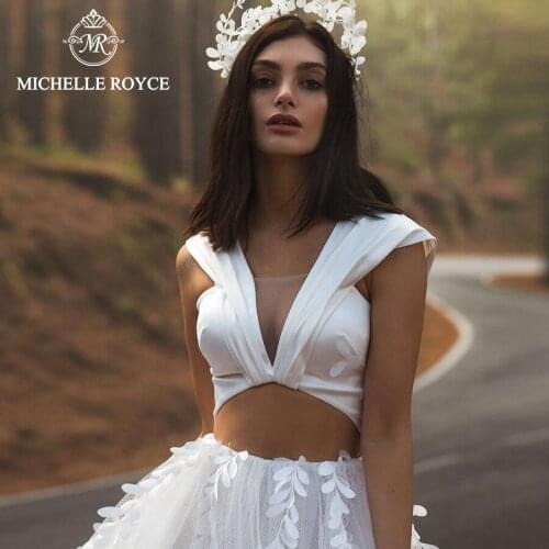 Michelle Royce A-Ling Wedding Dresses 2020 Sexy V-Neckline Sleeveless Appliques Chapel Train Bridal Gowns Vestido De Noiva