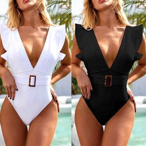 Misswim Ruffle monokini Belt one piece swimsuit female Deep v-neck swimwear women Vintage bathing suit women bathers bodysuit