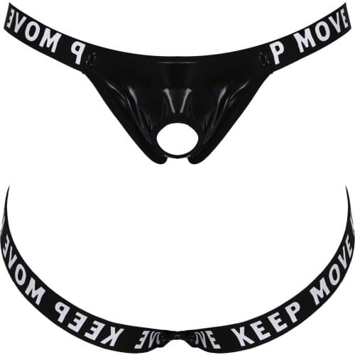Men Hollow Underpants Out Patent Leather Bulge Pouch Panties Jockstrap T-Back Letter Print Waistband Thongs Underwear