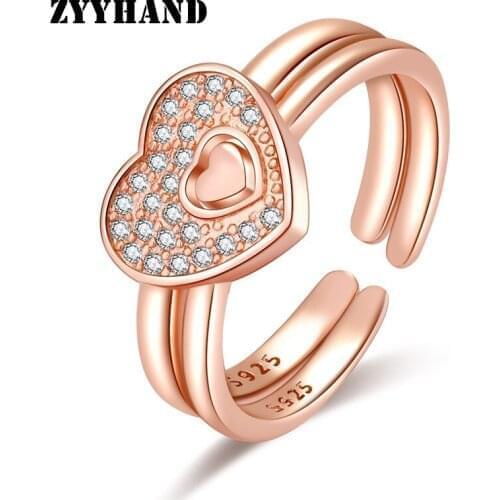 Rose Gold Heart Cubic Zirconia Couples Ring Set AAAA Clean Stone Valentine Lovers' Adjustable Women Wedding Finger Jewelry