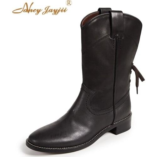 Female shoes Ladies boots Black White Solid Mid-Calf Med Square heels Lace-Up Cross-tie Round Toe Sweet Fashion Leisure 2019