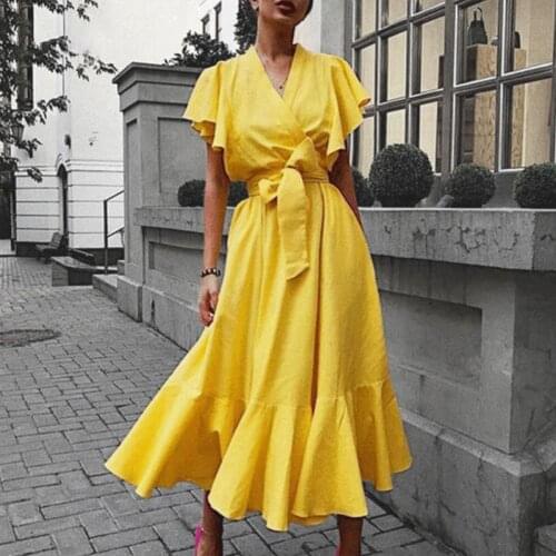 Retro Short Sleeve Dresses Womens High Waist V-neck Long Dress Ladies Ruffle Dress with Big Swing Maxi Dresses for Women