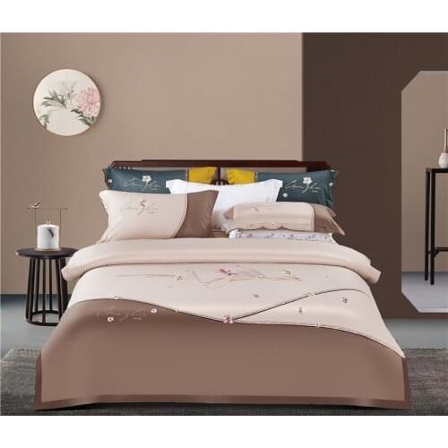Luxury Beige Gray Satin Embroidery Egyptian Cotton Duvet Cover Bed Linen Fitted Sheet Pillowcases Bedclothes King Queen Size