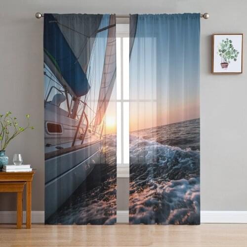 Luxury Tulle Curtains Sailboat The Sea Sunset Living Room Kitchen Chiffon Curtain Youth Bedroom Sheer Floor Valance Curtain