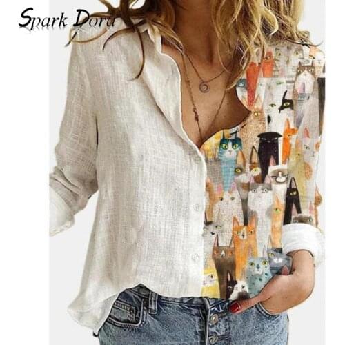 Free Shipping Spring Summer Women Top Fashion Outwear Leisure Cartoon Kitten Printing Long Sleeve Comfort Female Shirt