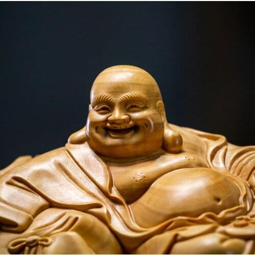 Boxwood 14cm Maitreya Sculpture Wood Carving Buddha Statues Laughing Buddha Mascot Home Decor