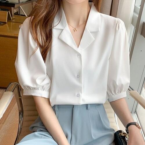 QOERLIN Chic OL Formal Satin Tops Notched Collar Short Sleeve Single Breasted Tops Shirts Women Loose Casual Summer White Blouse
