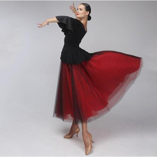 Modern Ballroom Dance Competition Dresses Women Flare Sleeve Fluffy Red Skirt Tango Waltz Dance Costume Performance Wear VDB3041