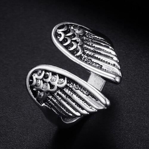 Vintage Angel Wings Shape Antique Silver Plated Punk Hiphop Rock Style Resizable Ring for Women Girl & Man Retro Party Jewelry