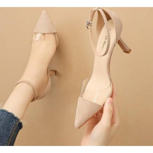 Women sandals Flock Buckle Strap 7.5CM Thin Heels High heels Pointed Toe Shallow women shoes sandalias mujer 2020 size 35-42