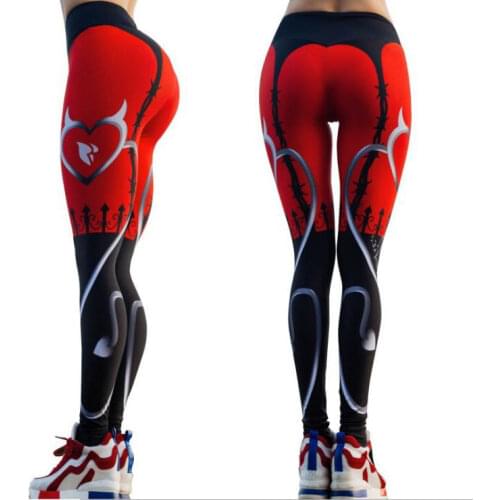 Sexy Heart Print Leggings Women Red Black Patchwork Sporting Pants Fashion Printed Womens Fitness Leggings