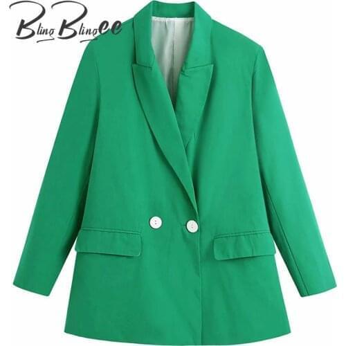 BlingBlingee Green Blazers Summer Notched Collar Wrist Sleeve Double Breasted Women Casual Long Coat Office Lady Suit Jacket