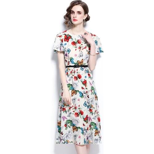 Summer Elegant Floral Print Midi Dress Womens Flare Sleeve Vintage Runway Designer Casual Dress with Belt k6767