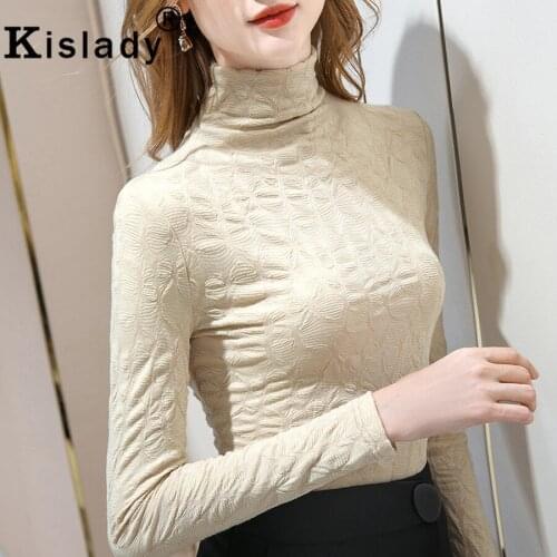 2020 Winter Long Sleeve Turtleneck Fold Gothic Shirts Sexy Lace Patchwork Vintage Solid Shirts Korean Plus Size OL Tops Clothes