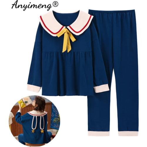 Navy Lapel Kawaii Pj Cotton Korean Style Fashion Pajamas for Young Ladies Teenager Student Girls New Autumn Winter Home Clothing