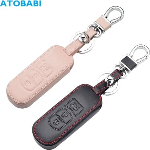 Leather Car Key Case For Mazda Cx-5 Cx-7 Cx-9 2 3 5 6 Smart Remote Fob Cover 3 Buttons Keychain Protector Bag Auto Accessories